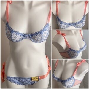 Van Mar light blue mesh and lace shoulder tie bra 34B and side tie panty set